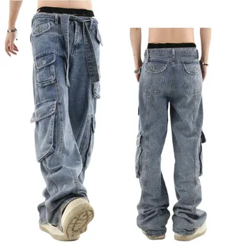 Gooti Paar Teksaseid Multi-tasku Kõrge-waisted Cargo Denim Püksid Meeste Vabaaja Sirge Jalg Püksid - Pilt 1  