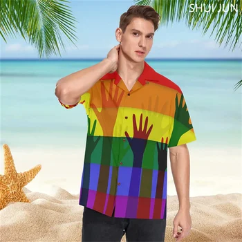 Suvel Lgbt Pride Vikerkaare Lipu Muster Uhke Lühikesed Varrukad Havai Vintage Särk Mens Nuppu All Troopiline Hawaii Beach Särgid - Pilt 2  