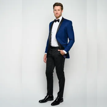 Elegantne Meeste Ülikonnad 2 Kootud Jakk, Püksid Musta Salli Rinnamikrofon Püksid, Sinine Jope Ametlik Täielik Komplekt, Slim Fit Bisiness Smart Casual 2023 - Pilt 2  