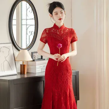 Mood Alalise Kaela Tutt Pits Qipao Punane Retro Cheongsam Hiina Traditsiooniline Kleit Elegantne Kala Saba Pruut Terviseks Riided - Pilt 1  