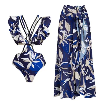 Naiste Ruffled Maillot Lõigatud Välja Ujumisriided Beach varjata Luksuslik Kleit, Kaks Tükki - Pilt 1  