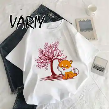 Armas Shiba Inu Doge Sakura Tshirt Naiste Kawaii Graafiline Print T-särk Naiste Harajuku Esteetiline Valge Tops Korea Naiste T-Särk - Pilt 2  