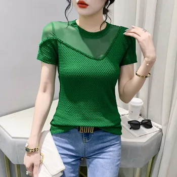#6391 Must Roheline Lilla Seksikas Pingul T-Särk Naiste Korea Fashion Servjätkatud Silma Office ' I T-Särk Naiste Lühike Varrukas, Slim Teemandid - Pilt 1  