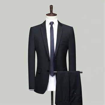 2 Tükki Mehed Ametliku Ülikond (Solid Color Smart Business Slim Fit Jope Pulm Kleit, Püksid Koordinaadid - Pilt 2  