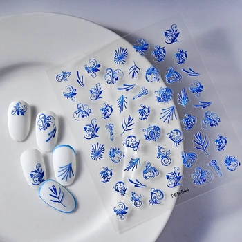 Hiina Stiilis Traditsioonilise Sinine Lilleline Muster 5D Reljeef Soodustused Isekleepuv Nail Art Kaunistused Maniküüri Kleepsud Kleebised - Pilt 1  