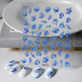 Hiina Stiilis Traditsioonilise Sinine Lilleline Muster 5D Reljeef Soodustused Isekleepuv Nail Art Kaunistused Maniküüri Kleepsud Kleebised - Pilt 2  