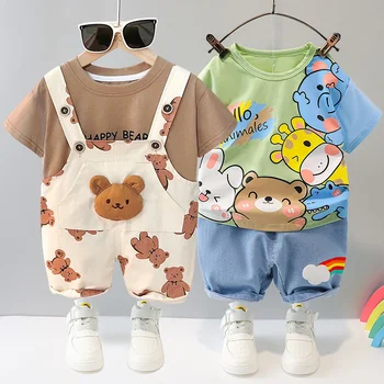 Suvel laste riided beebi cartoon rippus kott seatud laste triip lühikese varrukaga T-särk top rihm püksid casual sportswear - Pilt 1  
