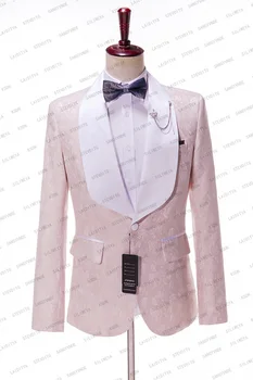 2023 Custom Made Groomsmen Roosa Jacquard Tuxedos Valge Sall Rinnamikrofon Meeste Ülikonnad, 2 Tk SetWedding ( Jakk+Püksid+Pael )Kostüüm Homme - Pilt 2  